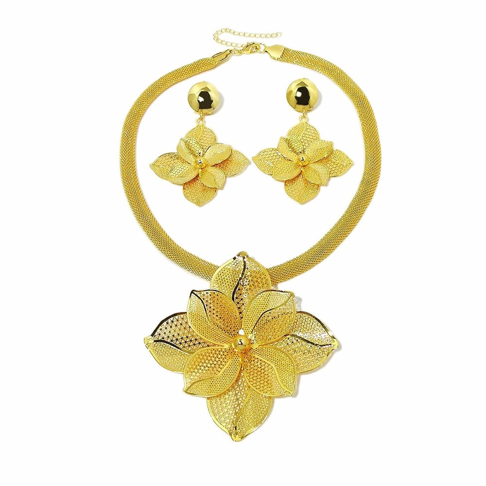 Luxury Women's Golden Big Hollow Flower Jewelry Sets Gold Plated Floral Filig...