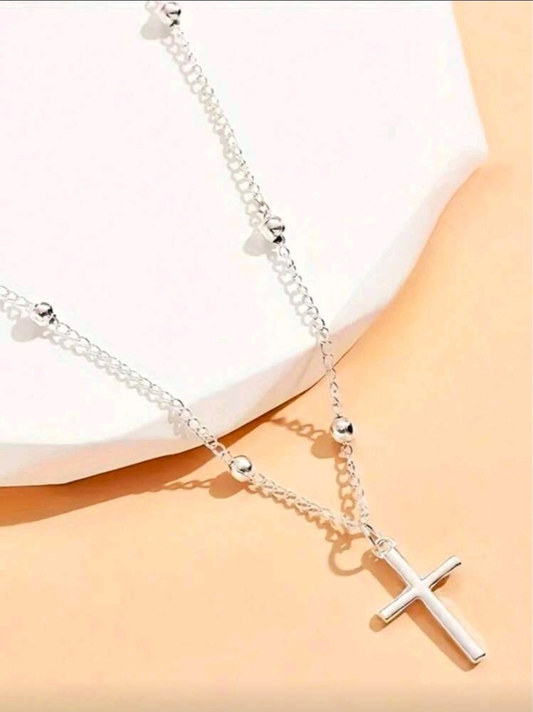Silver Crystal Cross Pendant Necklace Women CZ Rhinestone Chain Jewelry