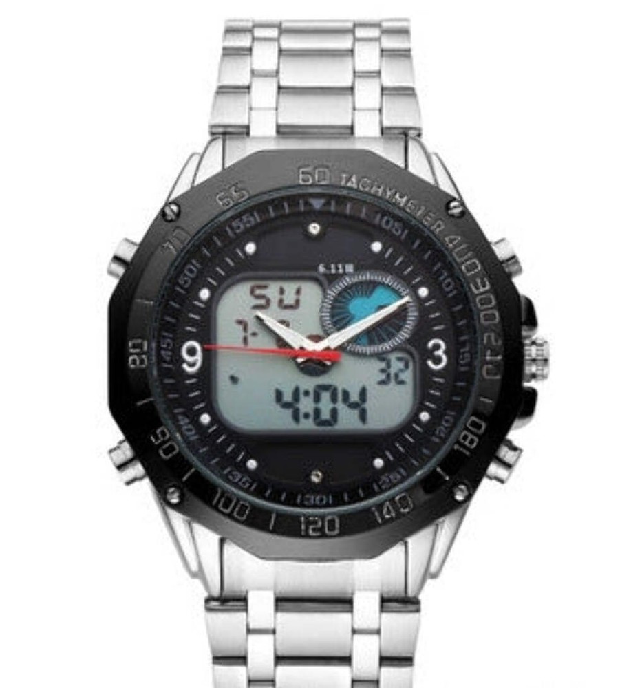 Luminous Waterproof Quartz Steel Band Watch with Double Display and Round Dial