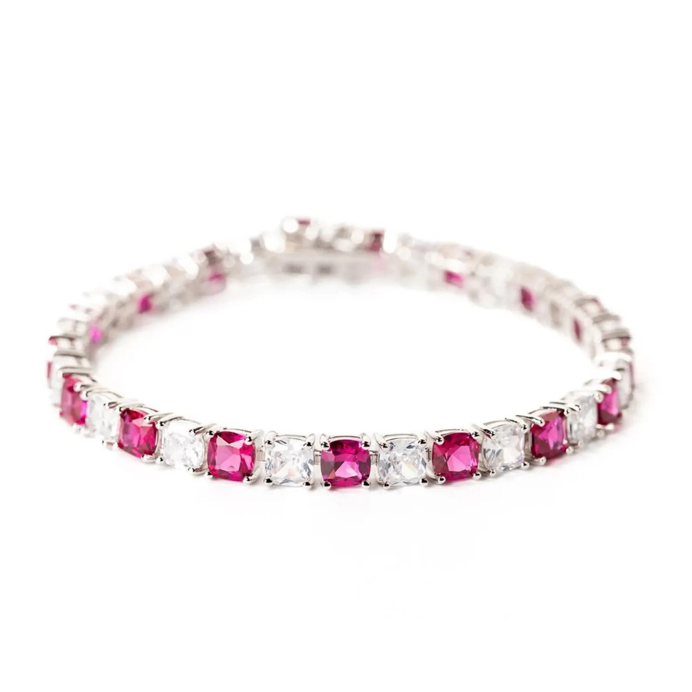 Tennis Bracelet  12CT Cushion Lab Created Diamond & Ruby 14k White Gold Plated