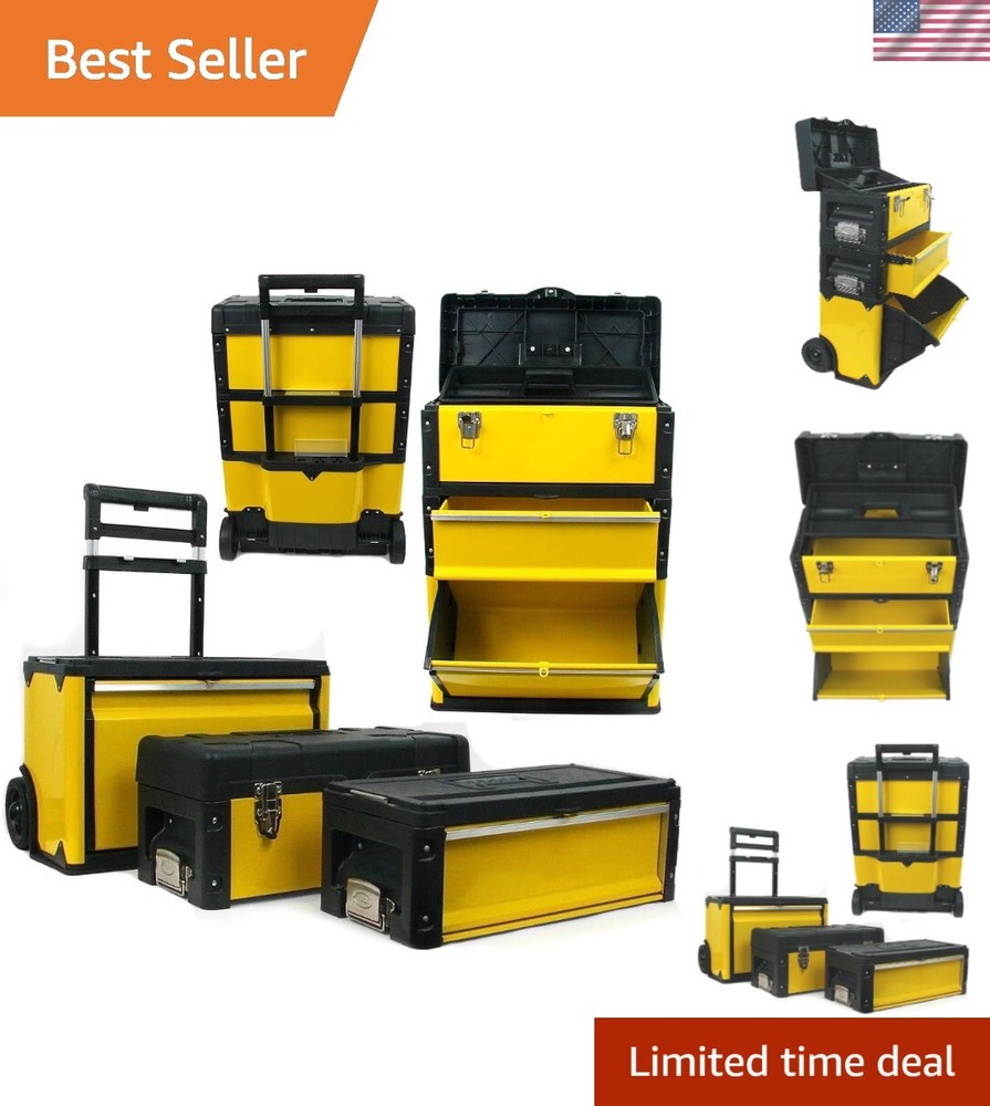 Portable 3-in-1 Stackable Tool Box with Wheels - Foldable Design for Easy Storage and Comfortable Transport