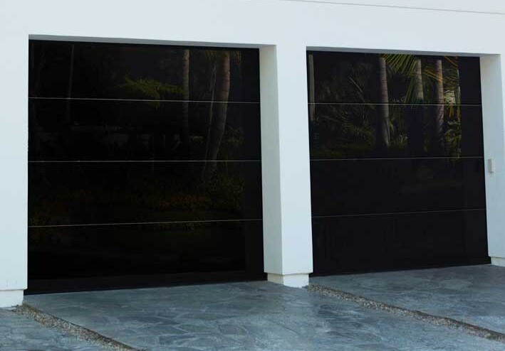 8x8 Frameless Garage Door with Black Tinted Tempered Glass Full View