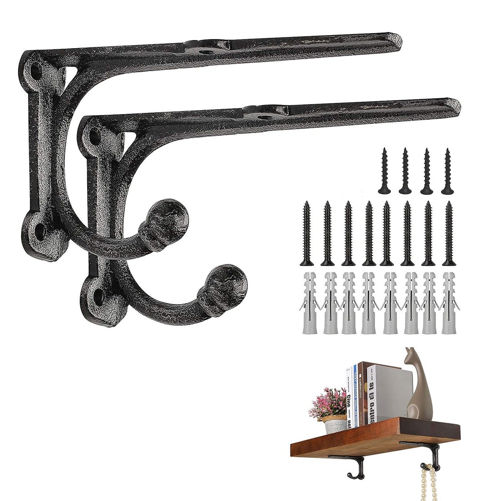 Black Cast Iron Rustic Shelf Brackets with Hooks & Supports