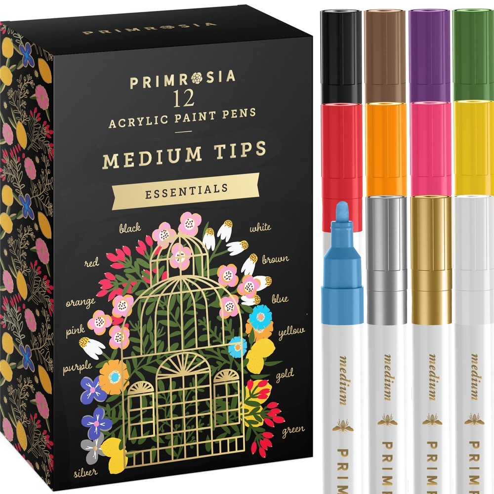 Primrosia 12 Essentials Acrylic Paint Pens Medium Tip Markers Set. Art suppli...
