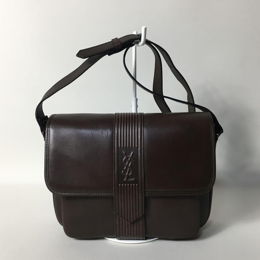 Yves Saint Laurent Dark Brown Leather Logo Shoulder Bag Auth Japan RIN