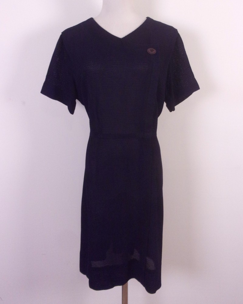 Vintage 50s Navy Blue Nylon Mesh Rockabilly Dress Mod XL 16 Semi Sheer