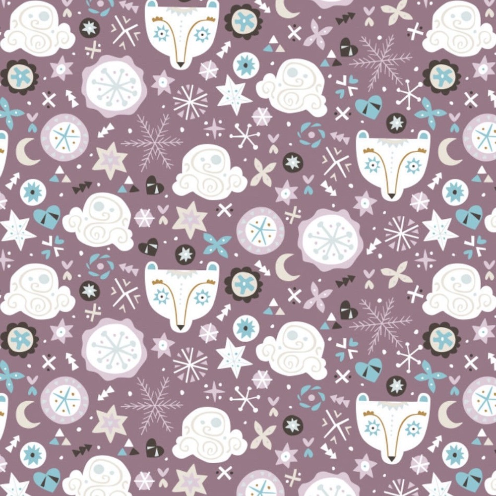 Snowfall Polar Bear Faces Dark Lilac 100% Cotton Fabric by The Yard