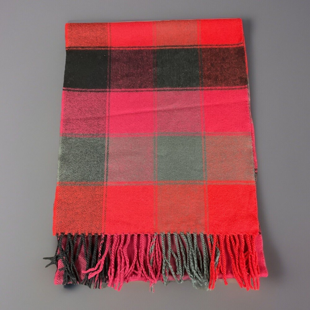 100% Cashmere Scarf Pink Red Gray Tartan Plaid Made in Scotland Size 12” x 66”
