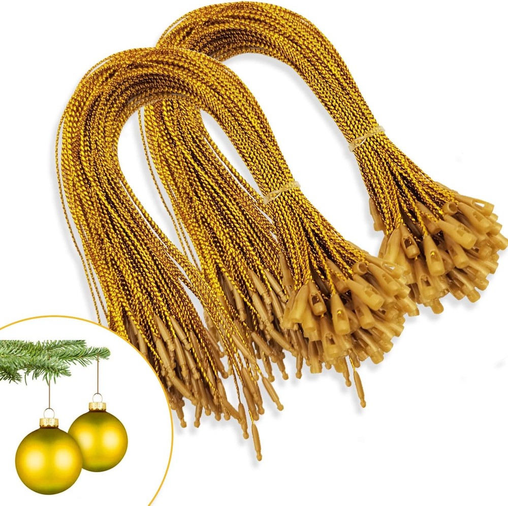 200pcs Christmas Ornaments String Hanger Gold Precut Ribbon Hook for Christmas T