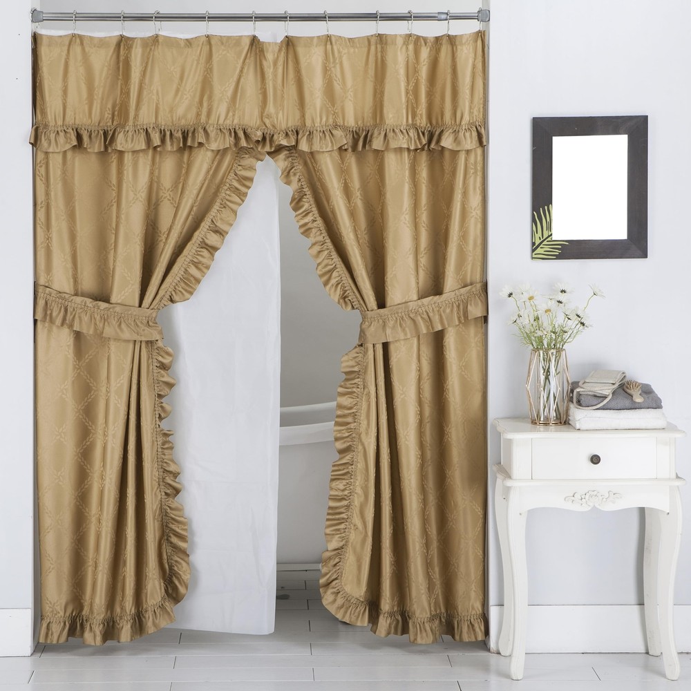 Double Swag Ruffled PEVA Shower Curtain Set with Elegant Intersected Leaves Design-image