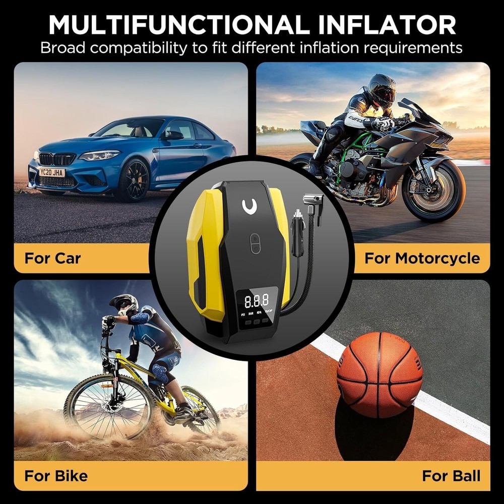 Portable 12V DC Tire Inflator and Car Air Pump in Yellow