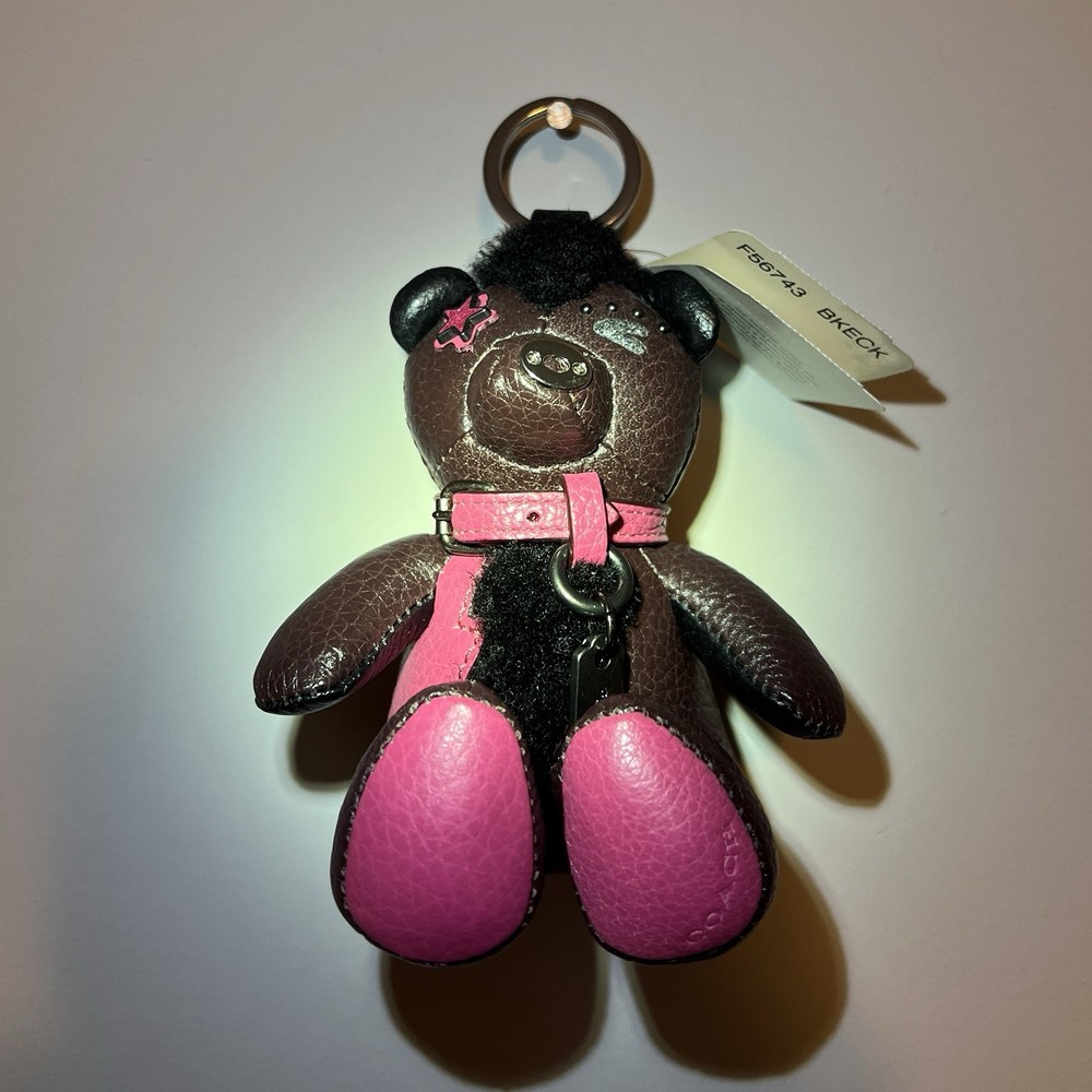 NWT COACH Outlaw Brown Pink Glitter Studded Teddy Bear Keychain Charm  