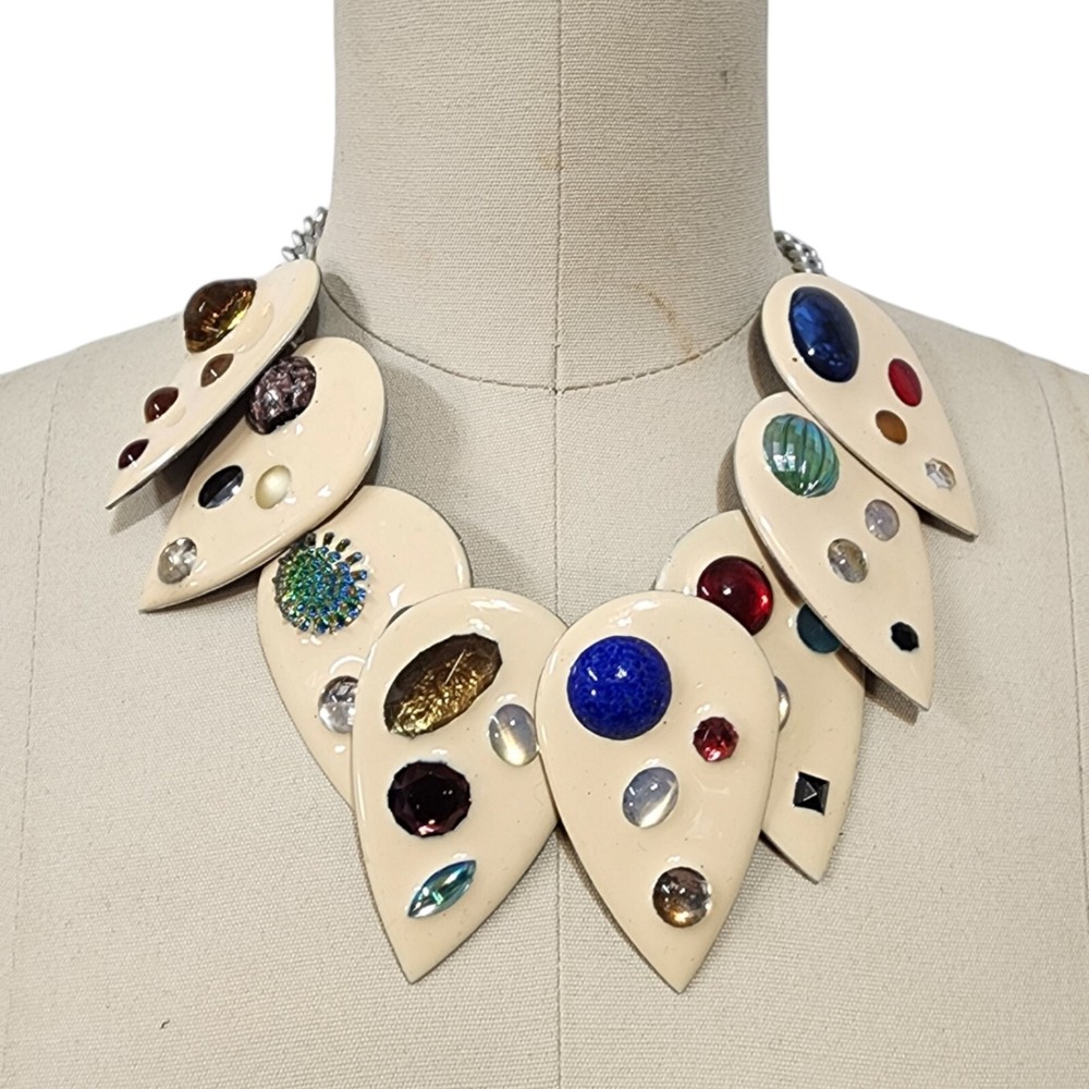 Vtg Pendant Bib Necklace Fernellas Rainbow Enamel Resin Czech Glass Cabochons 3D