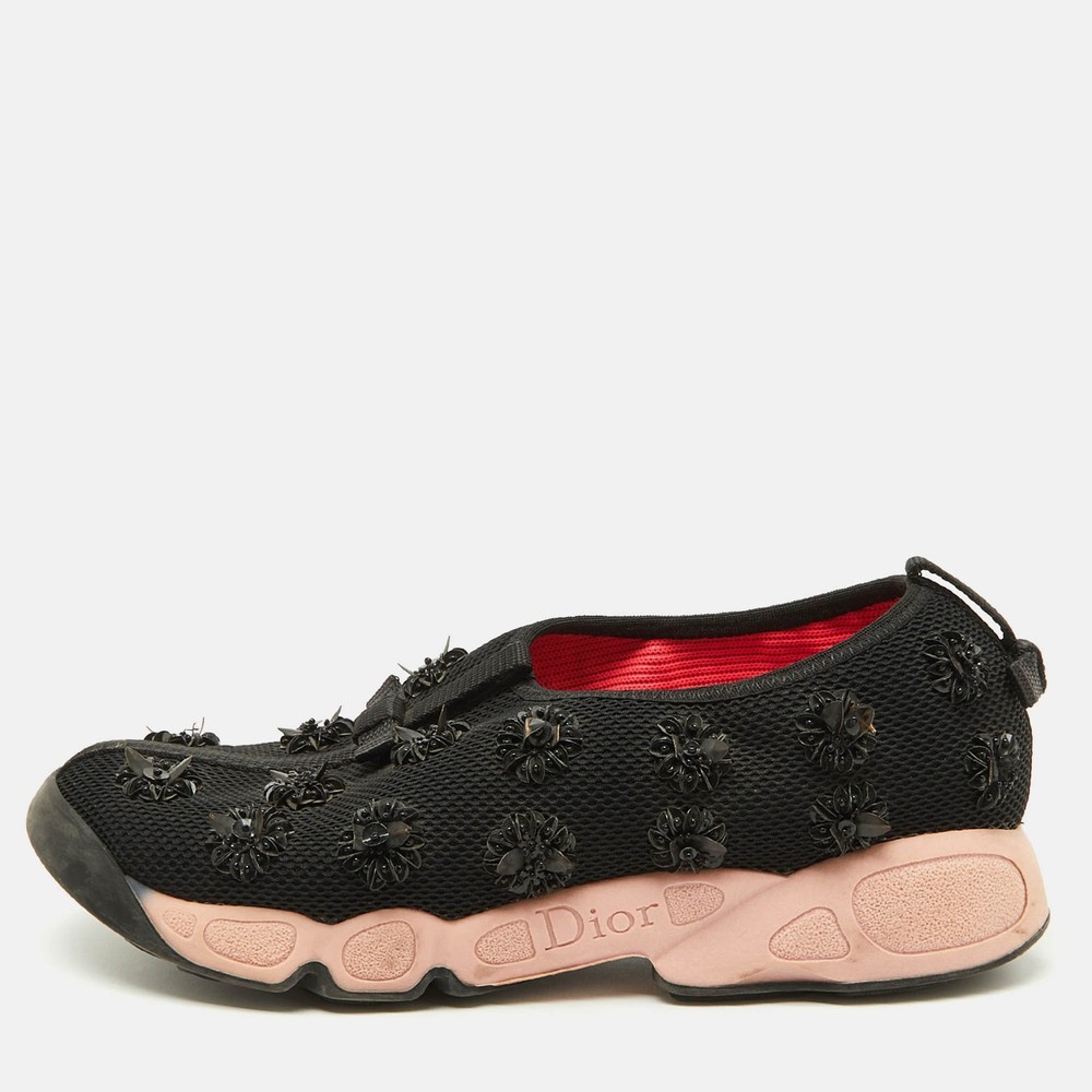 Dior Black Mesh Sneakers with Floral Embellishments Size 37.5
