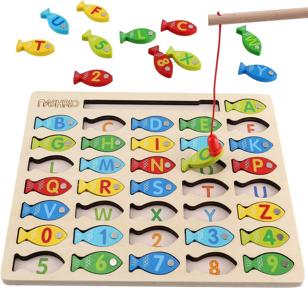 Magnetic Wooden Fishing Game Toy for Toddlers, Alphabet Fish Catching Counting G