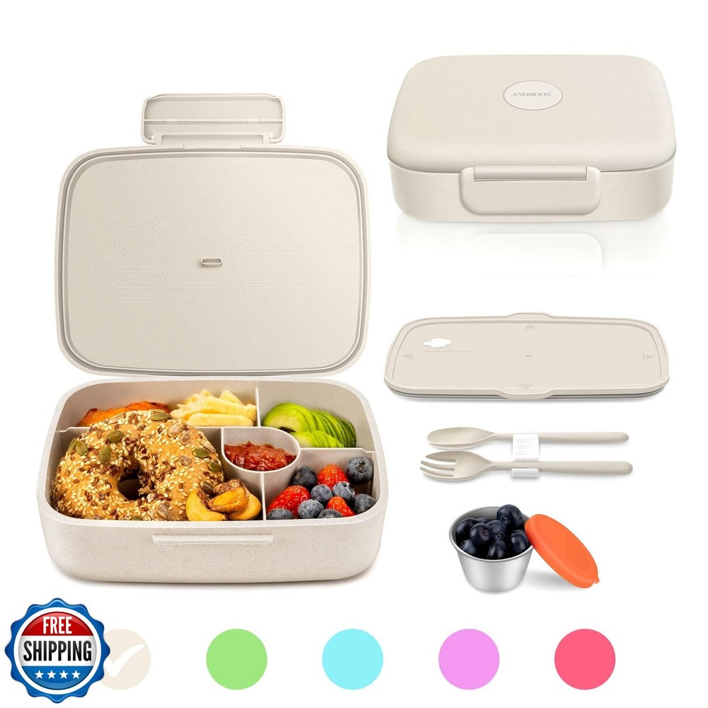 ANDMOON 5-Compartment Bento Lunch Box for Kids and Adults with Secure Lid