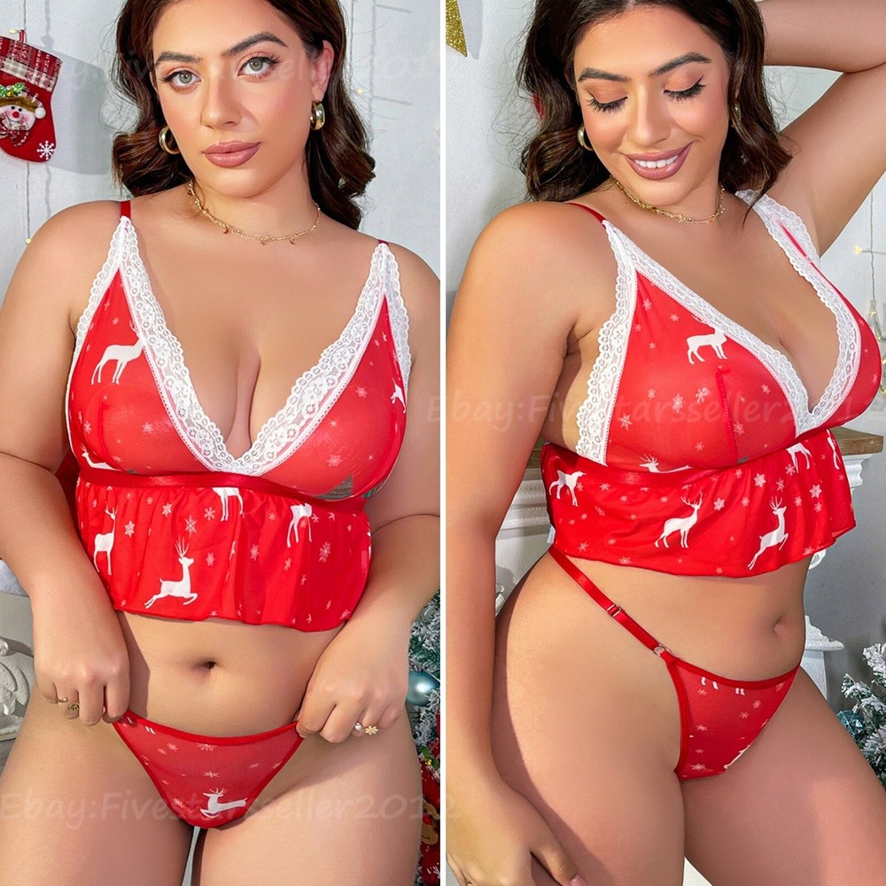 Womens Plus Size Mrs Claus Nightwear Cute Christmas Elk Sexy Lingerie Bra Thong