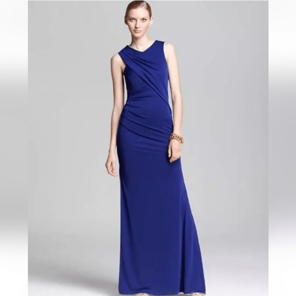 Stunning BCBG MAXAZRIA Simone Shoulder Drape Cut Out Gown XS Orient Blue