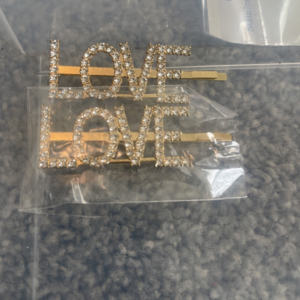 Gold Tone Rhinestone Love  Sign Hair Pin - Bling Bobby Pin, Sparkly Glam