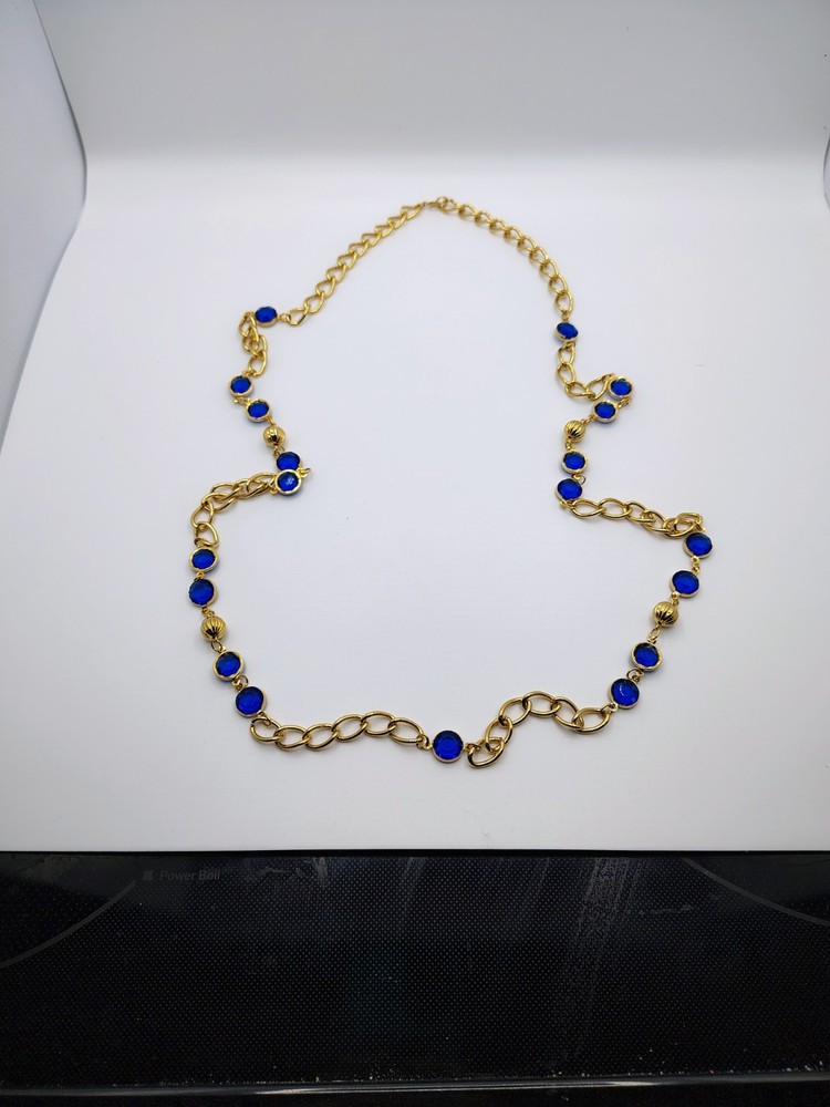 Vintage Blue Crystal Bezel Glass Long  Chain Necklace Gold Tone 22