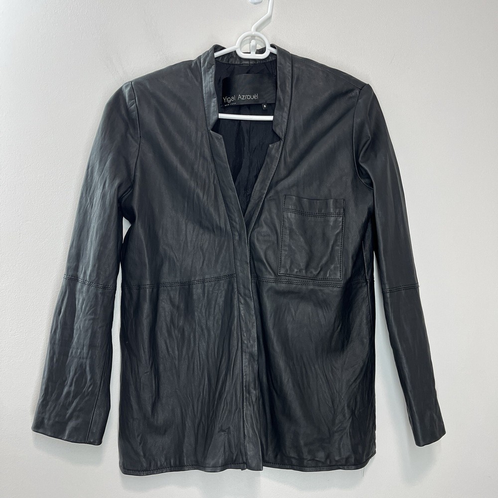 Yigal Azrouel Black Leather Y2K Style Front Pocket Silk Lined Jacket Size 8