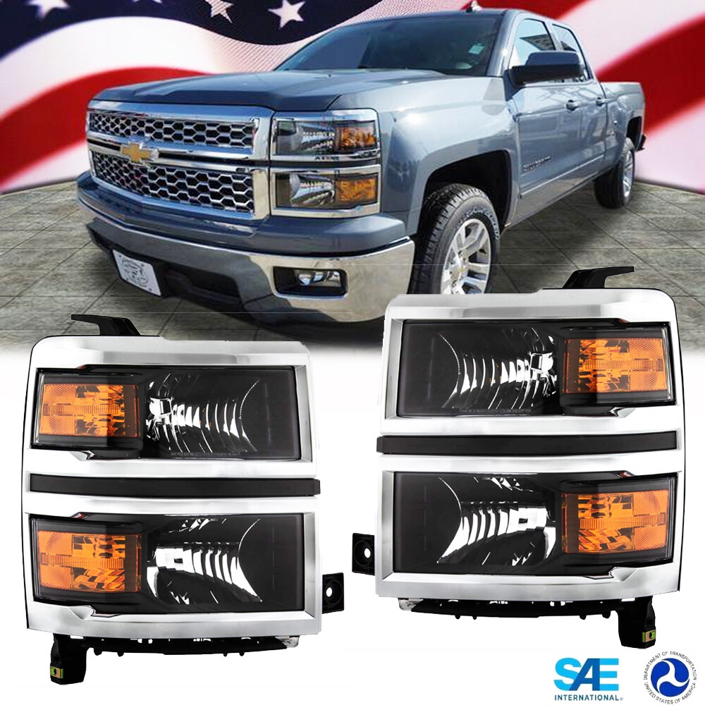 For 2014-2015 Chevy Silverado 1500 Pickup Headlights Assembly Chrome Trim Pair