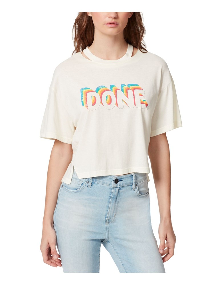 Womens White Frayed Hem Vents Crew Neck Short Sleeve Tee XS
