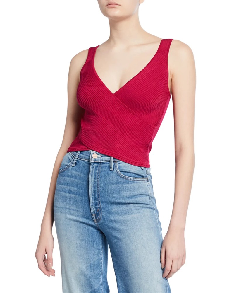 Jonathan Simkhai Jada V-Neck Eyelet Ribbed Wrap Crop Tank in Dark Pink Medium