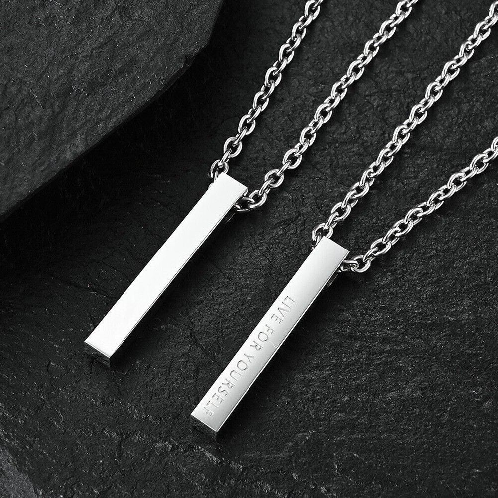 Men Women Silver Stainless Steel Bar Pendant Necklace Unisex Cube Curb Chain 22