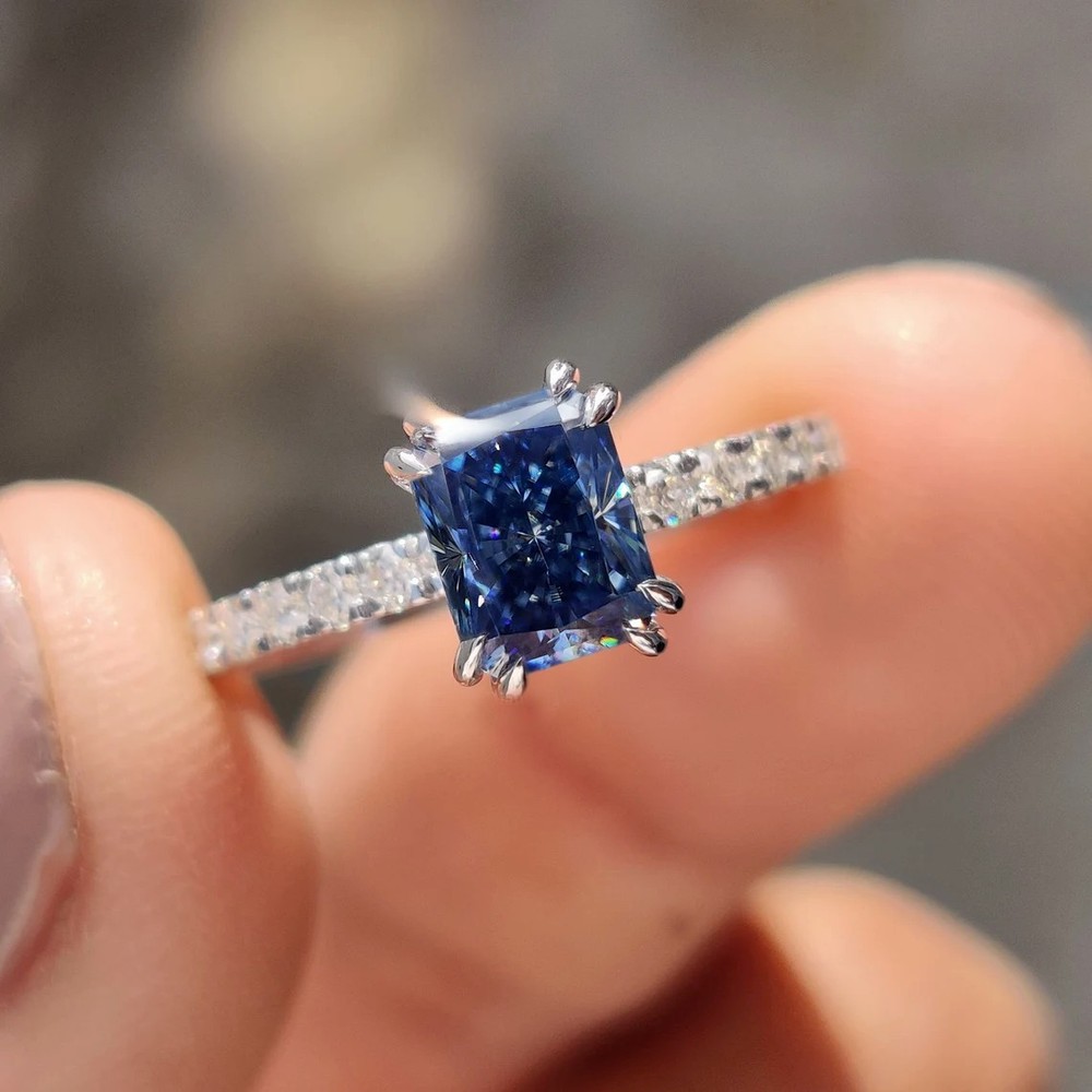 3Ct Radiant Cut Simulated Blue Sapphire Engagement Ring In 14K White Gold Plated