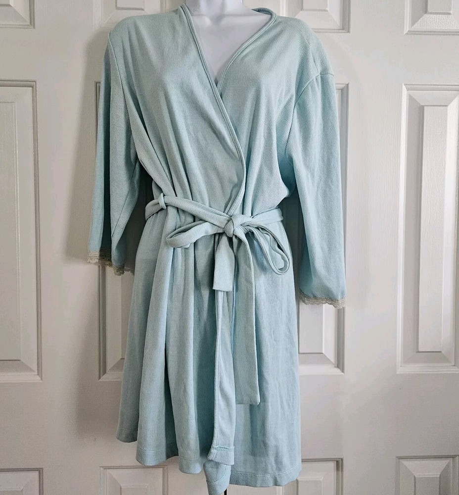 Amelia's Collection Womens Robe S M Ribbed Belted Pastel Short 3/4 Sleeve Kimono
