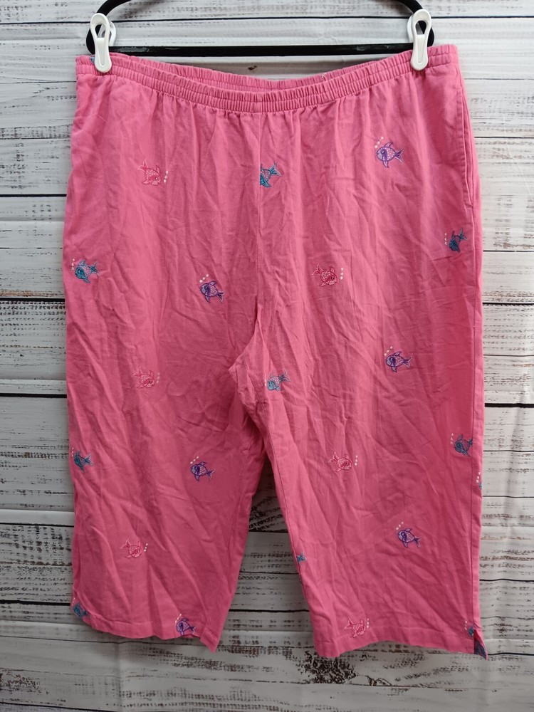 Kim Rogers Ankle Pants Women’s 2X Pink Embroidered Linen Blend Fish