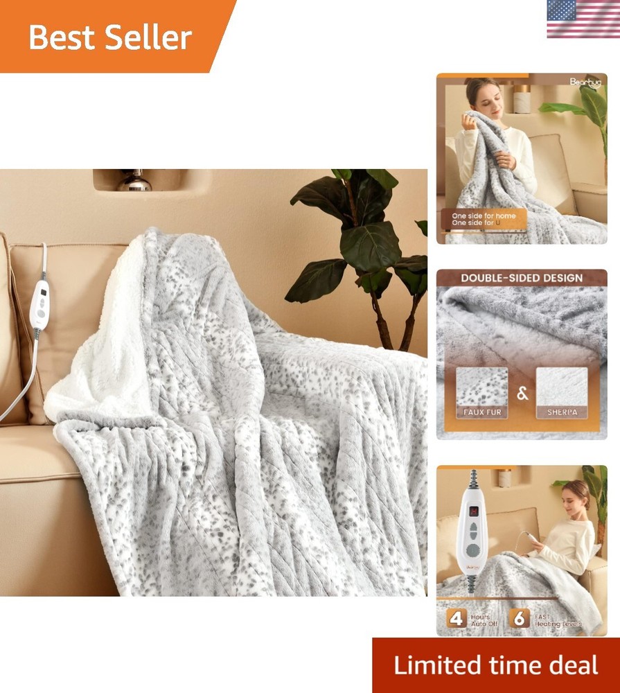 Electric Heated Throw Blanket 50x60 Inches Reversible Faux Fur Sherpa 6 Heat Settings Machine Washable