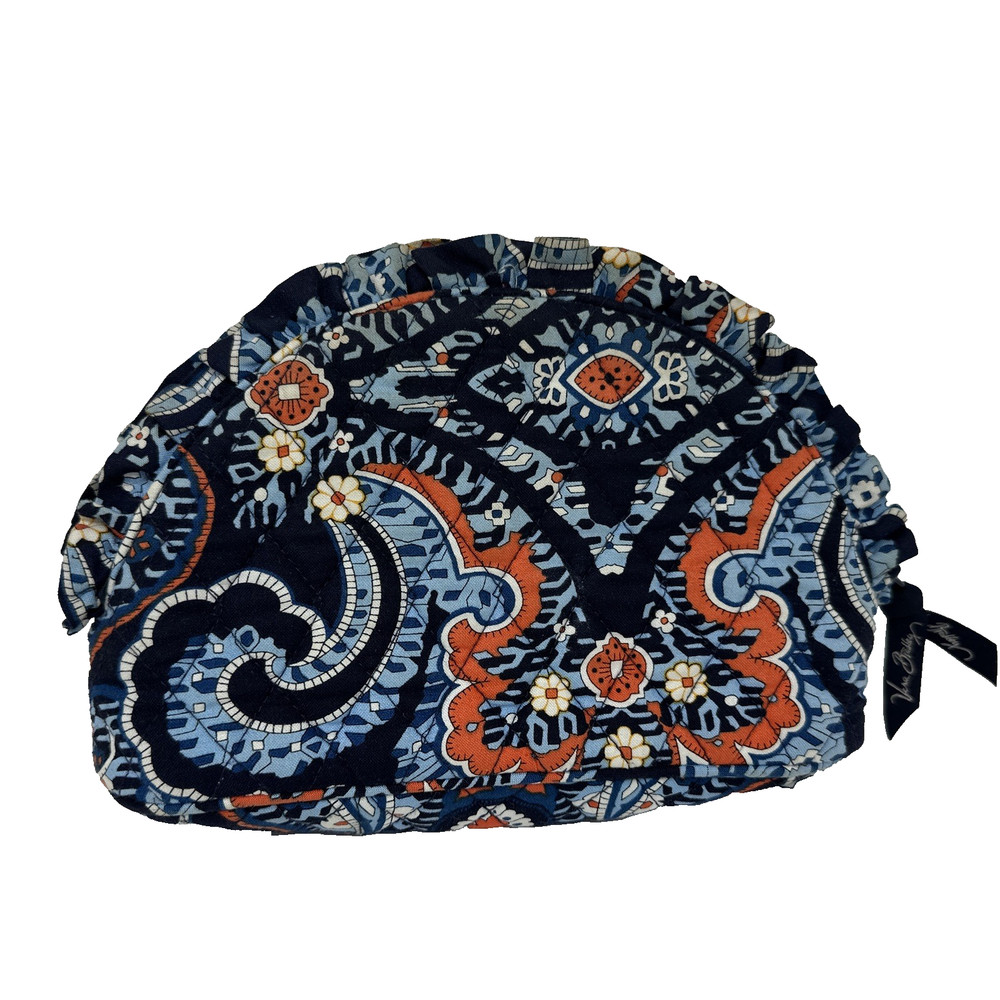 Vera Bradley Ruffled Cosmetic Bag Quilted Navy Blue Orange Paisley Makeup