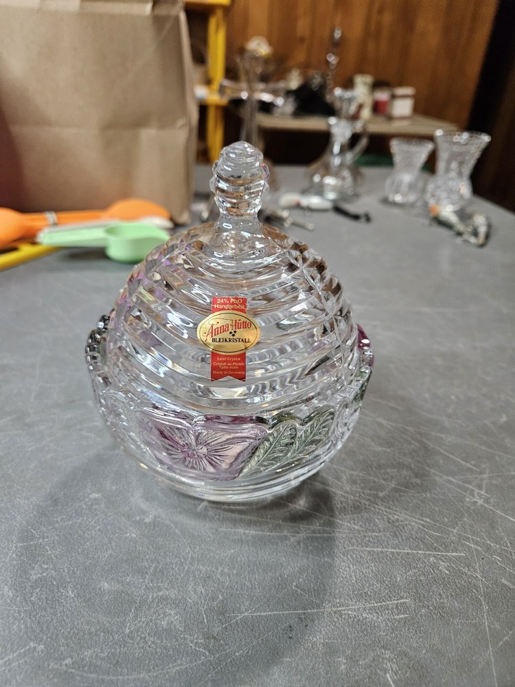 Vintage Anna Hutte Bleikristall Lead Crystal Hand Cut Candy Dish w/ Lid Germany