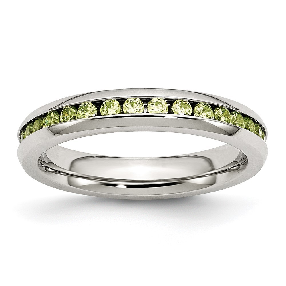 Polished Stainless Steel 4mm August Light Green CZ Ring Size 6