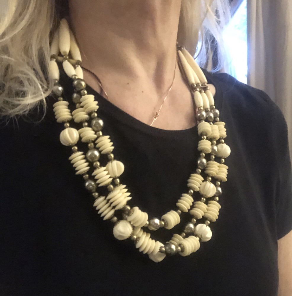 Vtg Ivory Cream Beads Brass Beaded Chunky Necklace 3-layer Jewelry Heavy Choker