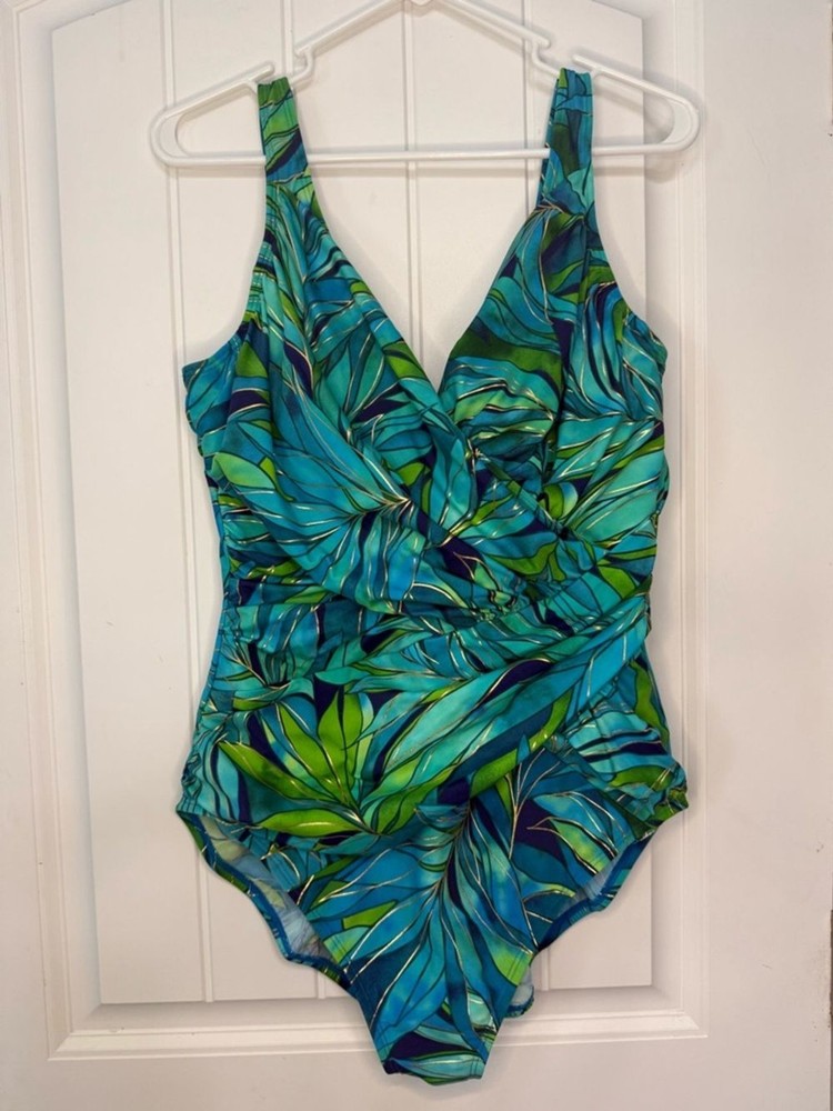 Miraclesuit One-Piece Swimsuit in Blue Green Palm Print size 16