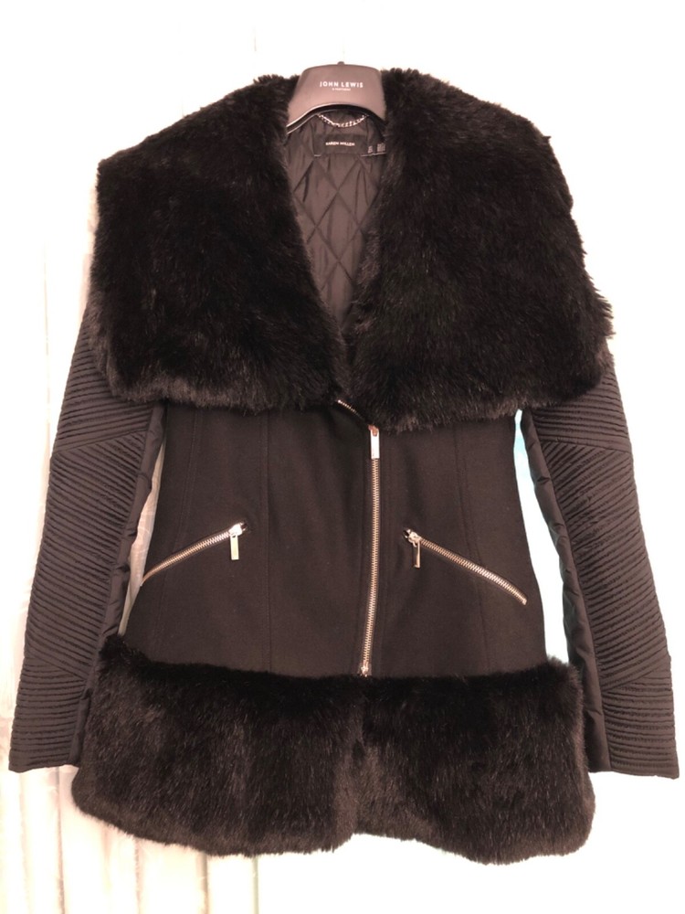 Designer Karen Millen Italian Wool Mix Faux Fur Collar jacket Coat Size 8 Black