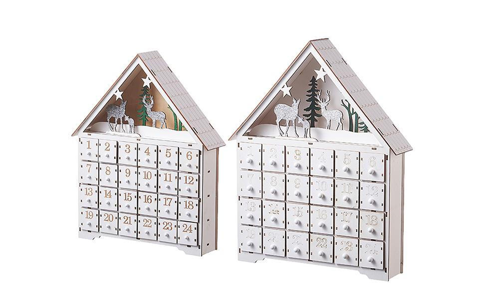 Wooden Christmas Advent Calendar House Calendar with 24 Drawers and LED Lights
