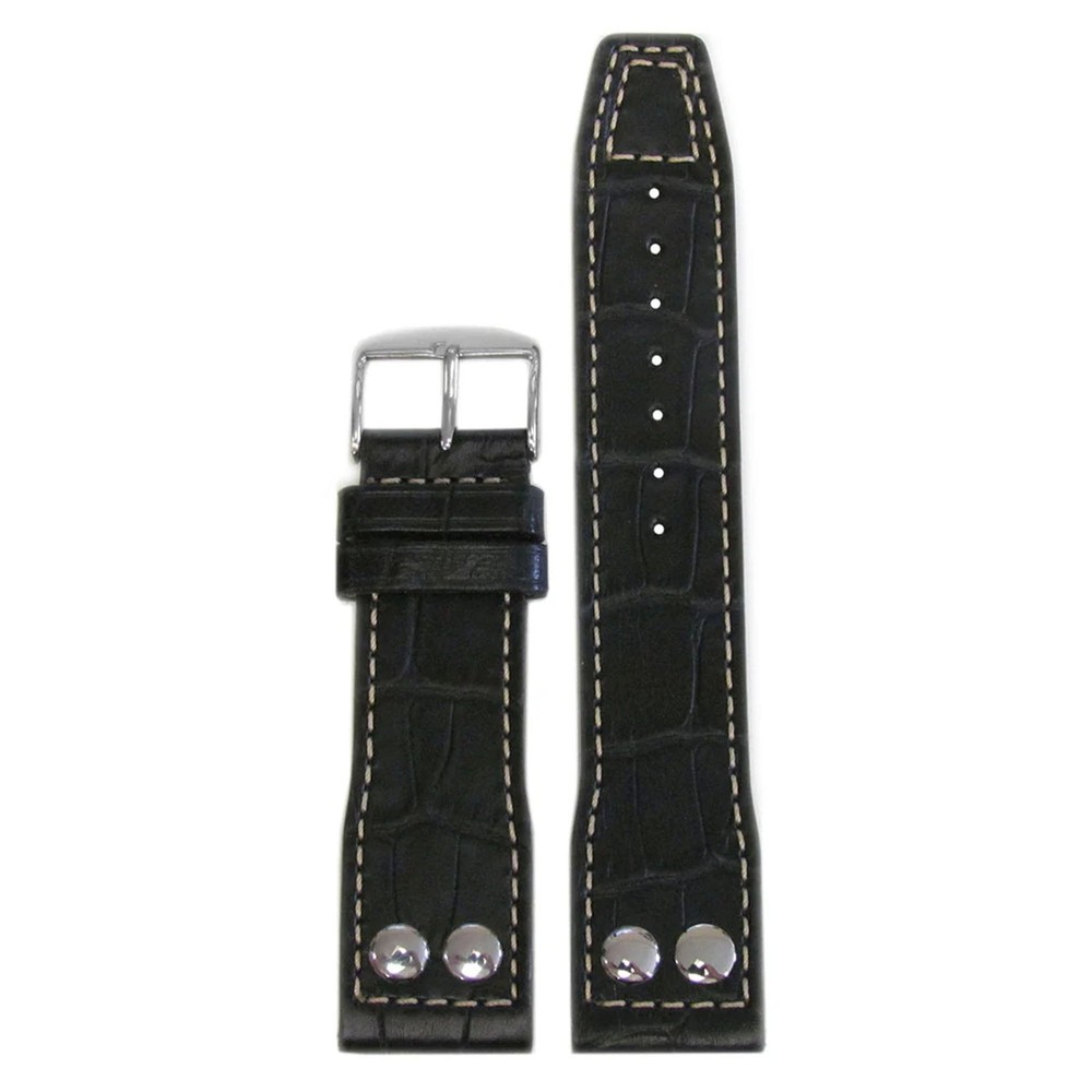 IWC Gator Embossed Pilot Watch Band - Black with White Stitch