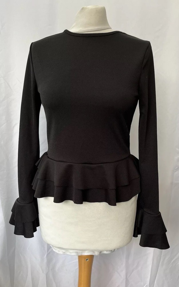 Cameo Rose Black Peplum Hem Blouse with Bell Sleeves - Women's Size 10
