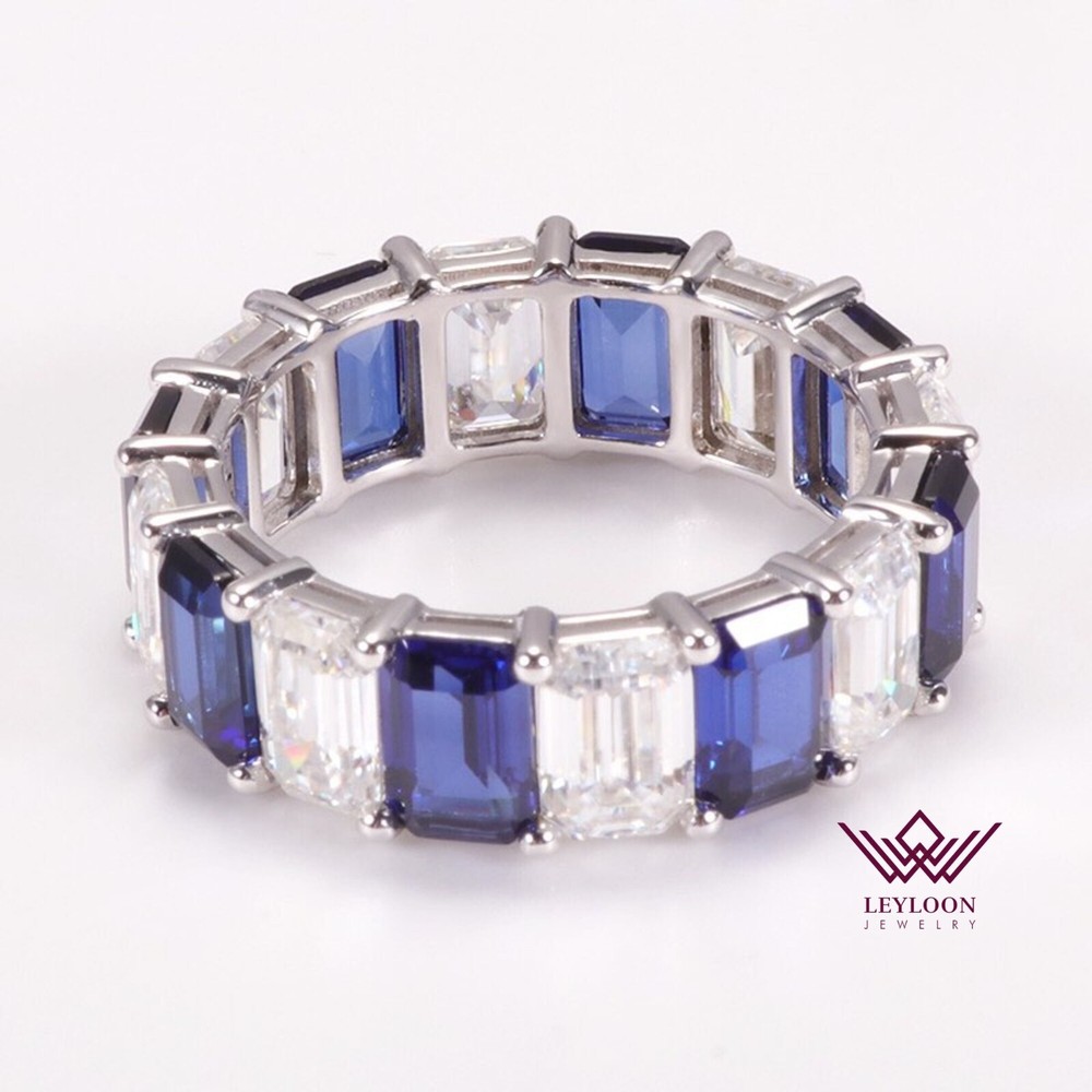 Emerald Cut Eternity Band Blue & D Color Basket VVS 10K Gold Moissanite Ring