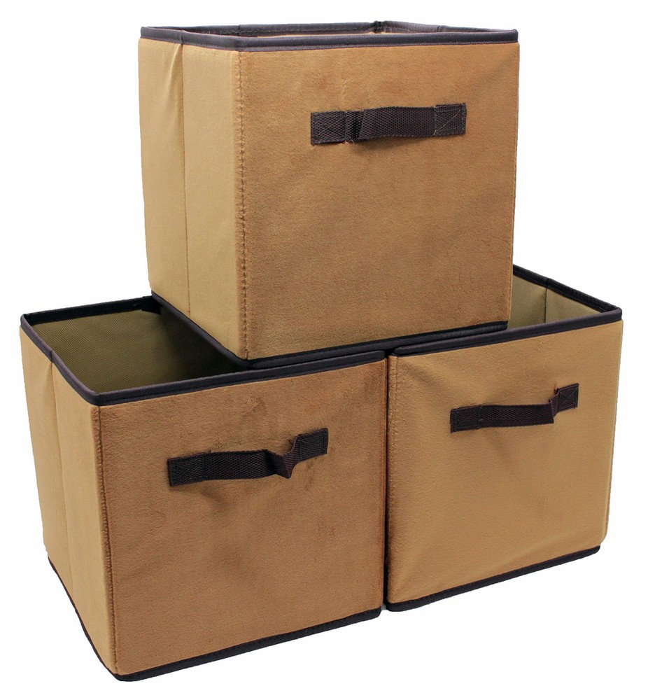 , Brown Velvet Fabric Foldable Storage Cubes Bins Shelf Organizer [3 Pack]