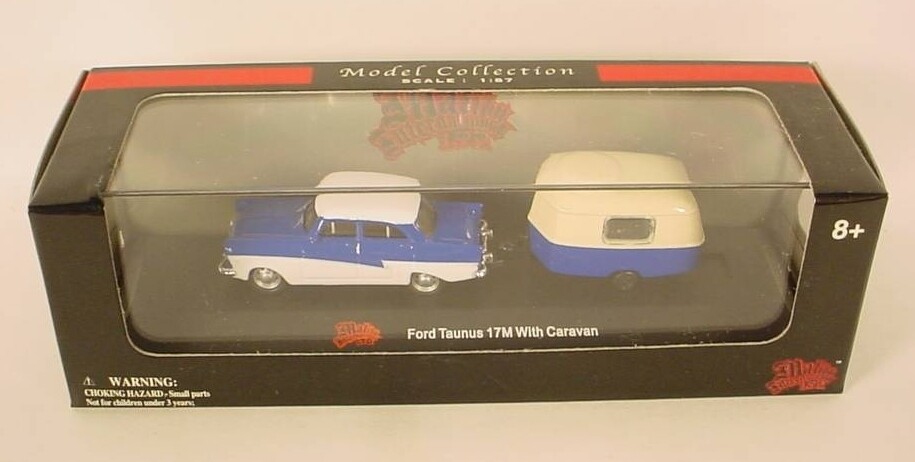 Malibu International HO Scale 1:87 White/Blue Ford Taunus 17M w/ Caravan Trailer