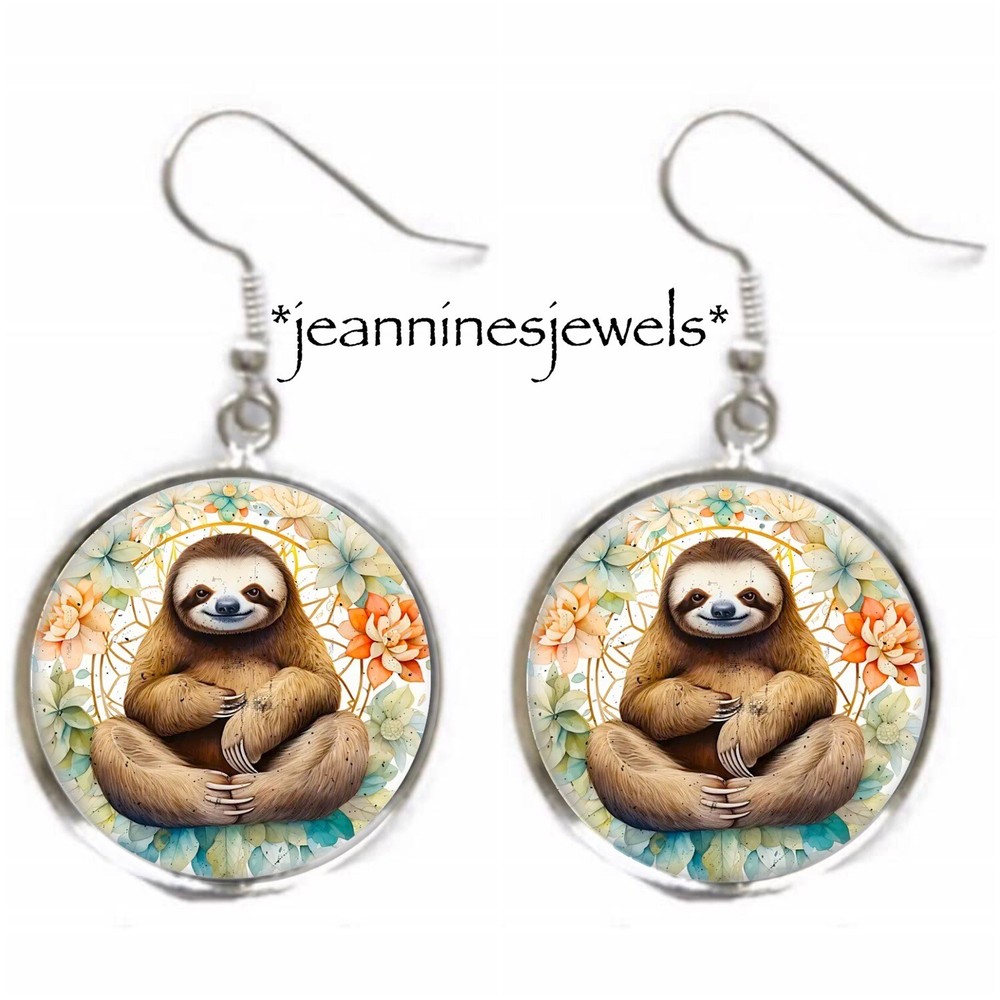 Sloth Namaste Yoga Silver Drop Dangle Earrings Charm Art Print