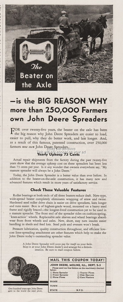 1937 John Deere Horse Drawn Manure Spreader Farm Photo Moline IL Farming Ad