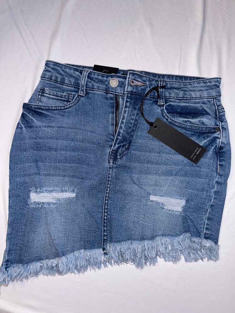 (10) Black Label Distressed Light Blue Denim Mini Skirt, Size Small, Frayed Hem