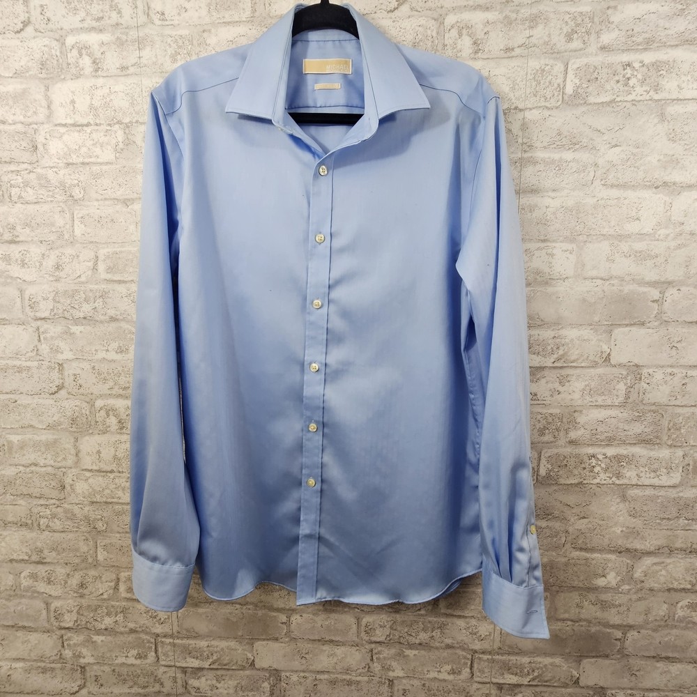 Michael Kors Mens Button Up Shirt Size 16 34/35 Blue Slim Fit