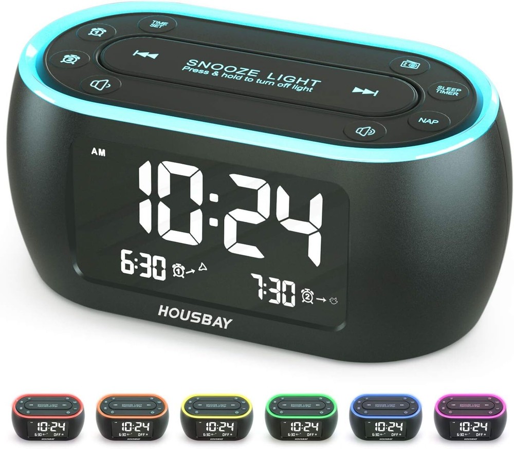 Compact Alarm Clock Radio with 7-Color Night Light & Dual Alarms for Bedroom
